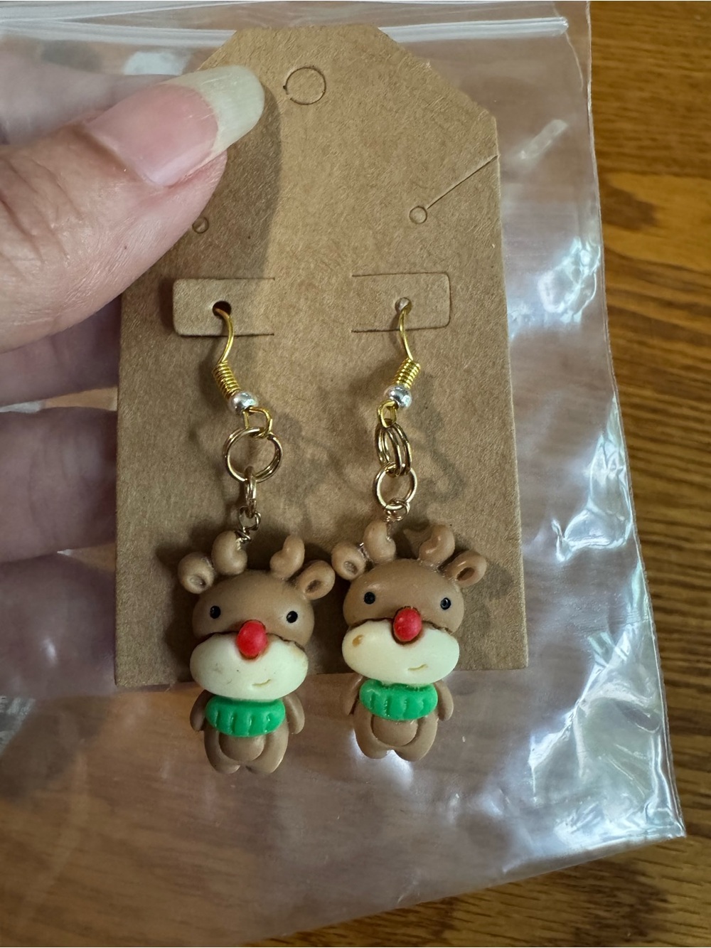 Reindeer Dangle Earrings - Brown with Green Accent